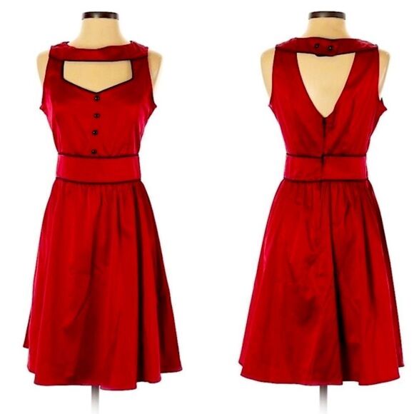 Folter The Scarlett Red Satin Retro Pin Up Rockabilly Fit Flare Dress Sz L NWT - Picture 2 of 16